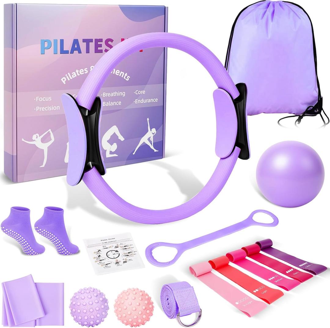 Home Pilates Kit for Women - 14 Pcs Pilates Equipment Set with Pilates Ring and Ball, 5 Resistance Bands Etc Accessories for Beginners Home Workouts - Includes Workout Guide (Purple)