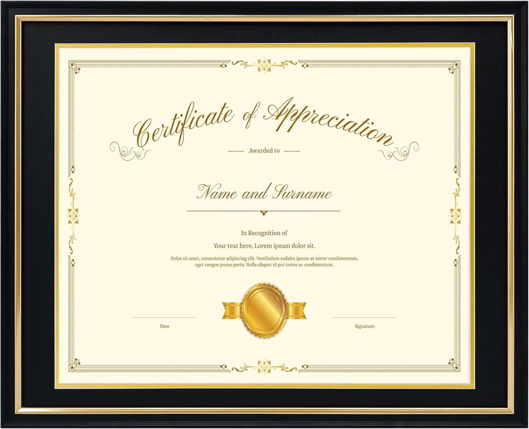 16x20 Diploma Frame for 14x17 Certificate/Document/Picture with Double Mat(Black and Gold),Wood Degree Frame, Black with Gold Side,UV Protection Acrylic,Wall hanging