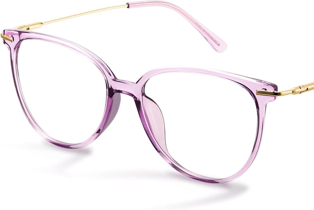 Gaoye Blue Light Blocking Glasses - Trending Round TR90 Frames, Metal Arms, UV400 Protection - Matching Soft Case (1-clear Purple/Transparent Lens)