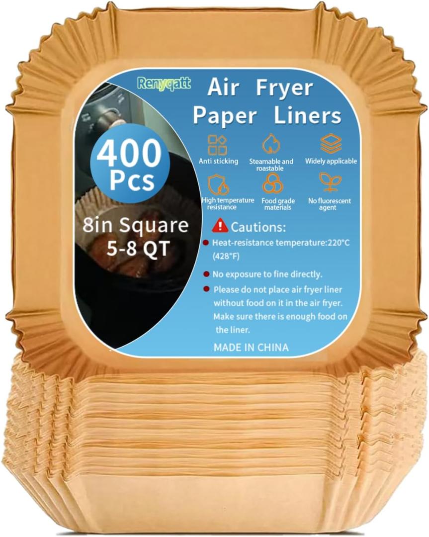 400Pcs 8 Inch Air Fryer Paper Liners Disposable,Square Non-Stick & Oil-Proof Parchment Paper Liners for 5-8 QT Air Fryer,Unbleached Airfryer Liners for Baking,Roasting,and Microwave