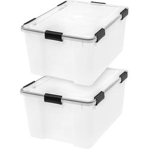 IRIS USA WeatherPro 63 Qt Storage Bins with Lids, 2 Pack, BPA-Free Plastic Gasket Box with Tight Latch and Seal, Stackable Nestable Tote Tub - Clear/Black (63 Qt. - 2 Pack)