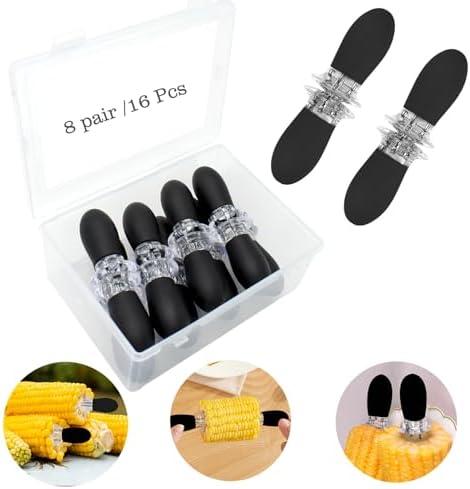 PEOUWNES Stainless Steel Corn Holders - 16Pcs/8 Pairs Black Corn Cob Holders, Interlocking Design Skewers for Home Cooking BBQ Parties Camping