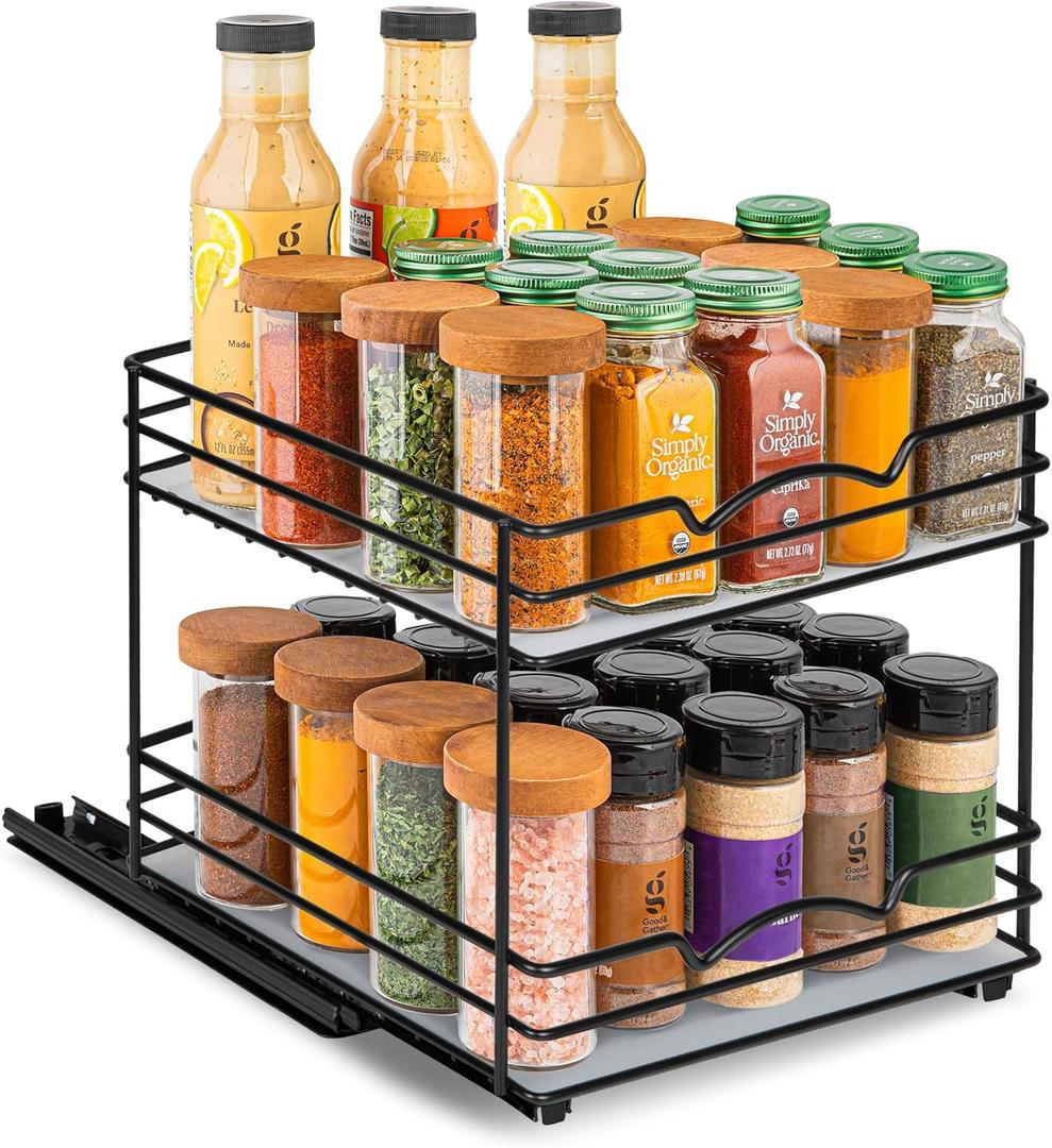 Pull Out Cabinet Organizer for Spices, Cans - Heavy Duty Pull Out Spice Rack- Cabinet Pull Out Shelf for Cans,Dishes, Etc, 20-3/8"Wx 10-1/2"D x 2-3/4 H, Black