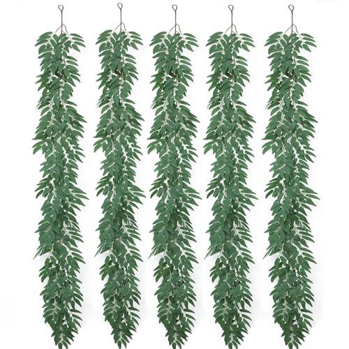 mizii 5 Packs 390" Artificial Vines Willows Garland Fake Vine Italian Ruscus Silk Green Leaves Faux Plants Greenery Decoration for Bedroom Room Wall Party Table Centerpieces Wedding Arch Decor