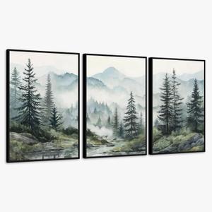 SAFERRYHOME Foggy Green Forest Wall Art, Misty Pine Tree Framed Canvas Wall Decor, Nature Landscape Painting Woodland Prints, Modern Mountain Artwork Picture for Living Room Bedroom Office, 20"x28"x3, 20"x28"x3 Panels