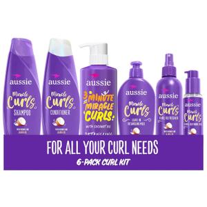 Aussie Miracle Curls Set: Shampoo, Conditioner, Deep Hydration, Spray Gel, Detangling Milk, and Oil Hair Treatment, Curl Oil, Coconut & Jojoba, Frizz Control, 6 Pieces