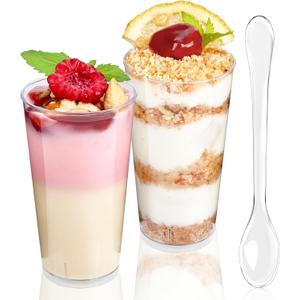 TOFLEN 50 Pack 3 oz Round Mini Dessert Cups with Spoons Clear Plastic Dessert Shooter Cups for for Party, Yogurt, Parfait, Cheesecake, Pudding, Jello and Appetizers