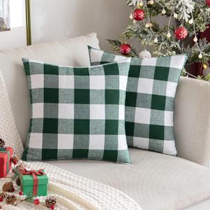 MIULEE Pack of 2 Christmas Buffalo Check Plaids Porch Throw Pillow Covers Classic Retro Linen Farmhouse Cushion Case Soft Pillowcases for Home Decor Sofa Bedroom Couch 18 x18 Inch Green and White