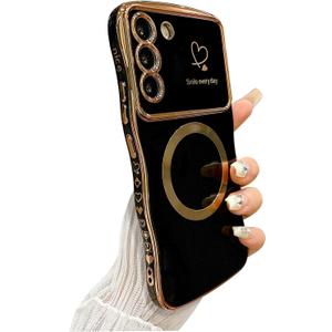 ZONRW for Samsung Galaxy S22 Case Magnetic,for Women Girls Soft Cute Wave Frame Curly Shape Love Heart Luxury Plating Phone Case Compatible with MagSafe Shockproof Back Cover 6.1"-Black