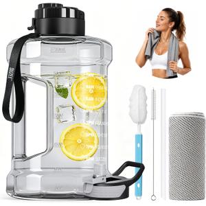 1 Gallon Water Bottle, Water Jug with Time Marker & Straw & Handle,2 Lids