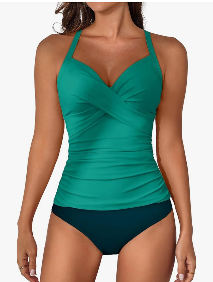 B2prity Women's Ruched Tankini Swimsuits V Neck Wrap Tie Back Two Pieces Bathing Suit Tummy Control Swimwear, Size -M