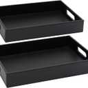 Juvale 2 Pack Slip-Resistant Black Wooden Nesting Serving Trays with Stitched Faux Leather and Handles for Coffee Table in 2 Sizes (13.8x9.9x2.3, 15.8x12x2.5 in)