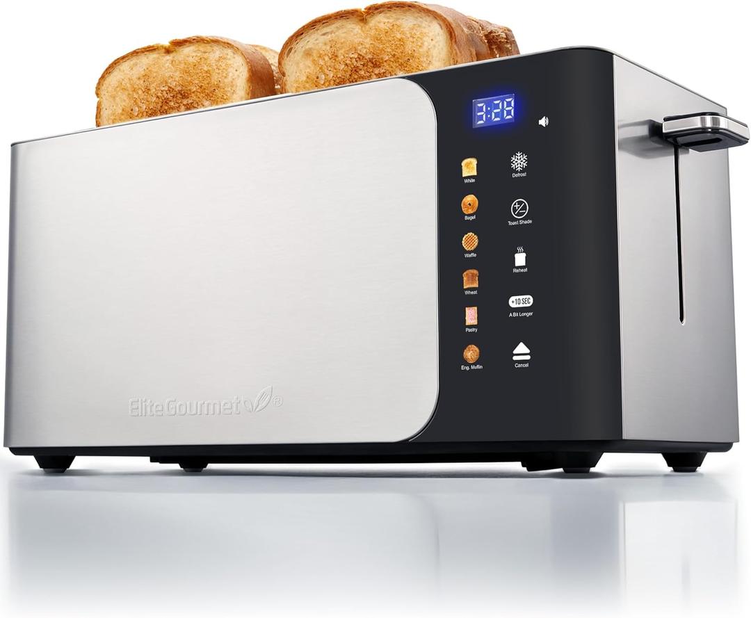 Elite Gourmet ECT5924D SmartToast Digital Long Slot 4 Slice Toaster, 1.5 Wide Slots for Thick Breads & Bagel Function, LED Touch Screen, Countdown Timer, 6 Shades, Stainless Steel