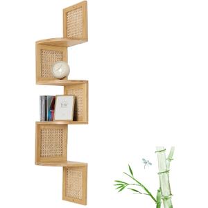 Bamboo 4-Tier Corner Shelf Natural Rattan Floating Corner Shelves Wall Mount Shelves for Living Rooms, Bedroom, Office (02-Bamboo)