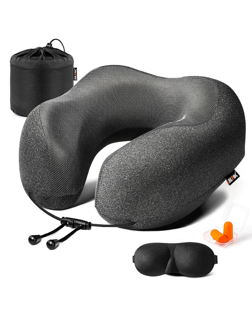 MLVOC Travel Pillow 100% Pure Memory Foam Neck Pillow, Comfortable & Breathable Cover, Machine Washable, Airplane Travel Kit with 3D Contoured Eye Masks, Earplugs, and Luxury Bag, Standard (Black)