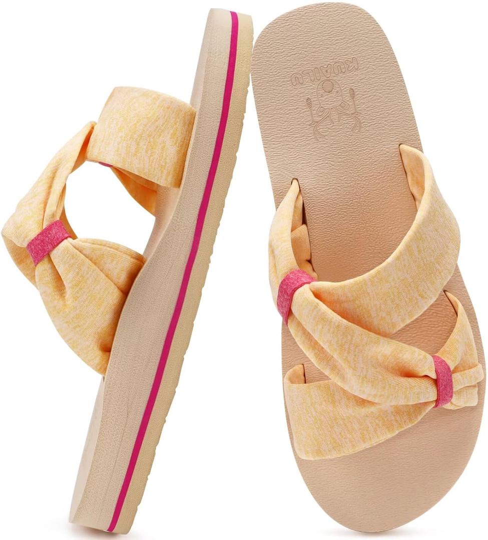 KuaiLu Womens Dressy Bow Sandals Arch Support Yoga Foam Walking Beach Slide | Cushion Comfortable Orthotic Slides Open Toe Slip On Summer Pool Indoor Outdoor Slippers