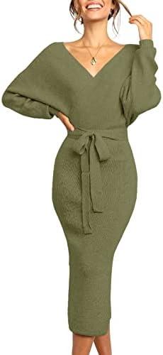 Chang Yun Women's Long Maxi Sweater Dresses Sexy Wrap Batwing V Neck Slit Open Back Holiday Bodycon Dress with Belt Small