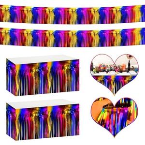 4P Metallic Foil Fringe Banner Tinsel Table Skirts for Rectangle Tables Backdrop Tinsel Banner Garland Curtains for Parade Floats Wedding Graduation Anniversary Birthday Parties Decoration (Rainbow) pack of 2