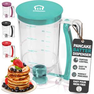 Pancake Batter Dispenser - Kitchen Must Have Tool for Perfect Pancakes, Cupcake, Waffle, Muffin Mix, Cake & Crepe - Easy Pour Baking Supply for Griddle - Pancake Maker with Measuring Label (Turquoise)