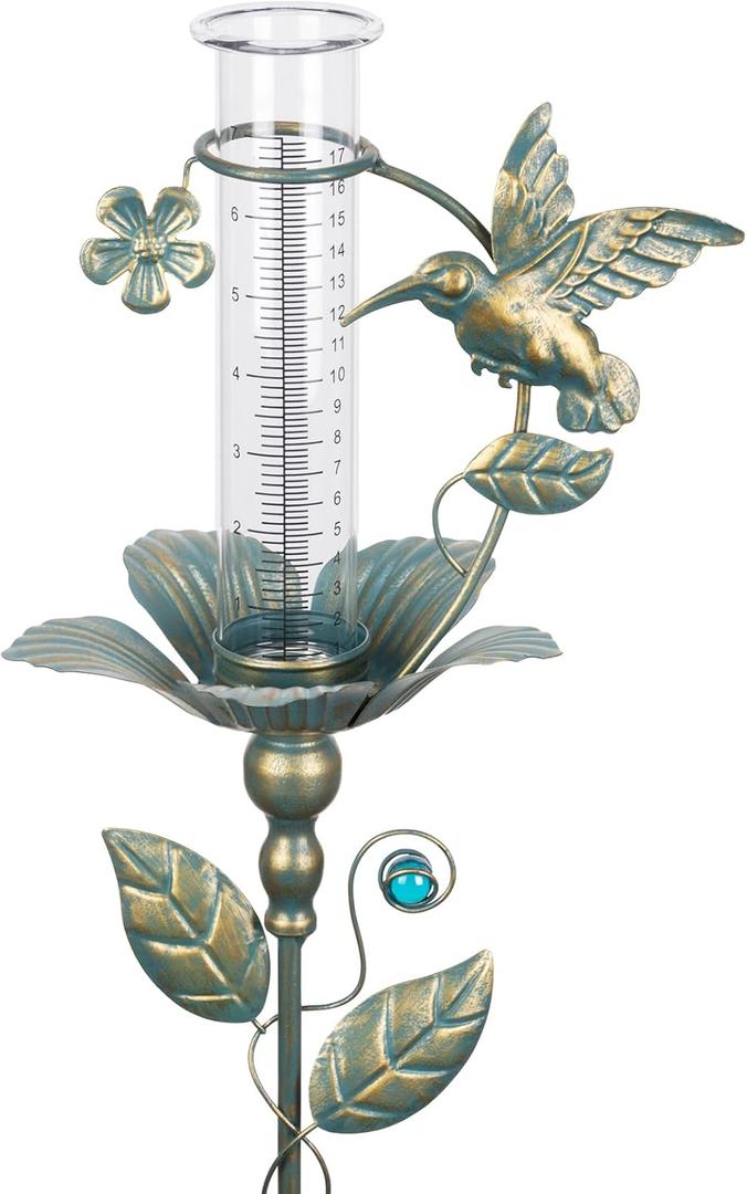 Rain Gauge Outdoor, Hummingbird 7 Inch Glass Rain Gauge, Clear Numbers and Adjustable Height Metal Stake, Freeze Proof Water Rain Measure Gauge for Yard Garden Lawn Outside Decor (Copper Green)