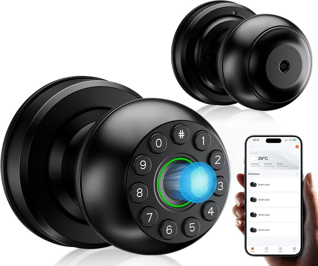 Pulido Fingerprint Door Lock | App Available But Not Required | Keypad Door Knob with Real Buttons | Smart Fingerprint Door Knob for Bedroom, Office, and Apartment (FQ1)