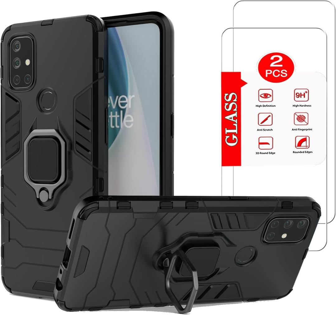 for OnePlus Nord N10 5G Case with [2 Pack] Tempered Glass Screen Protector, Heavy Duty Armor [Military-Grade] Protectivefor OnePlus N10 Magnetic Kickstand Car Mount Case Black
