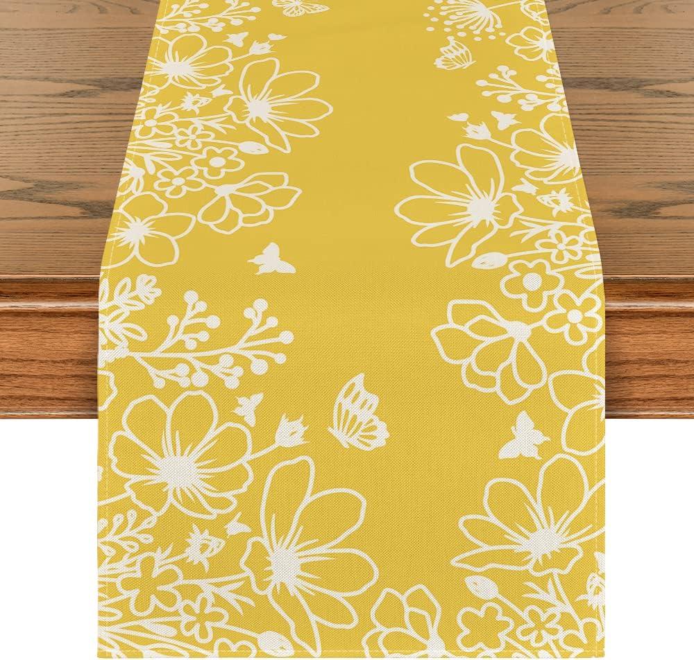 Artoid Mode Yellow Bloom Flowers Butterfly Spring Table Runner, Seasonal Holiday Kitchen Dining Table Decoration for Home Party Indoor 13x108 Inch