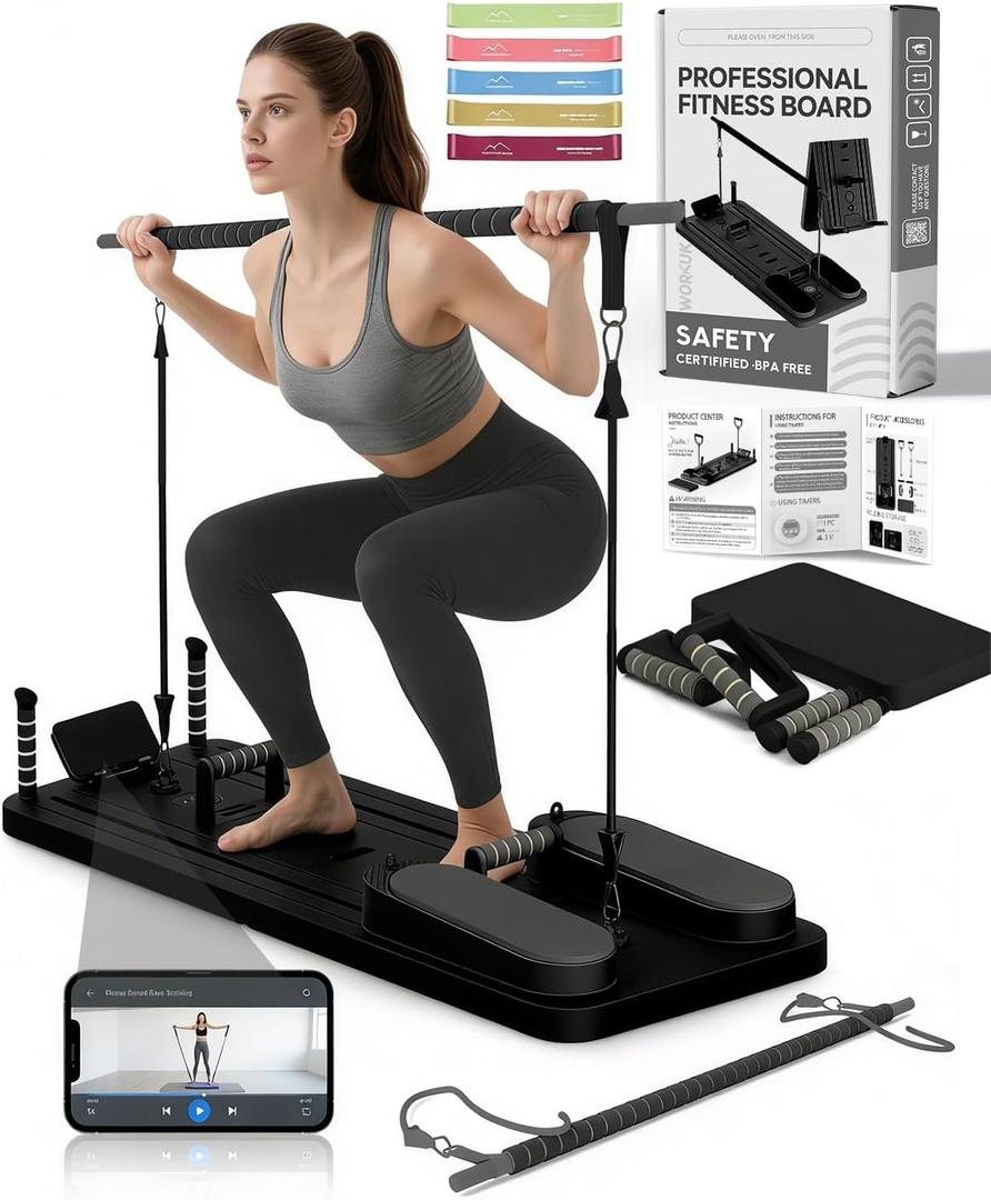 AMAZINGHOME Pro Foldable Pilates Board & Reformer Machine - Multifunctional Home Gym with Ergonomic Elbow Pads, Yoga Bar & Timer, 300lbs Capacity Core Workout Pilates Equipment (Black)