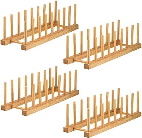 Lawei 4 Pack Bamboo Dish Drying Rack, Plate Rack Stand Pot Lid Holder, Dish Organizer Racks for Plates, Cups, Bowls, Cutting Board, Drying Rack Stand Drainer, Kitchen Cabinet Organizer