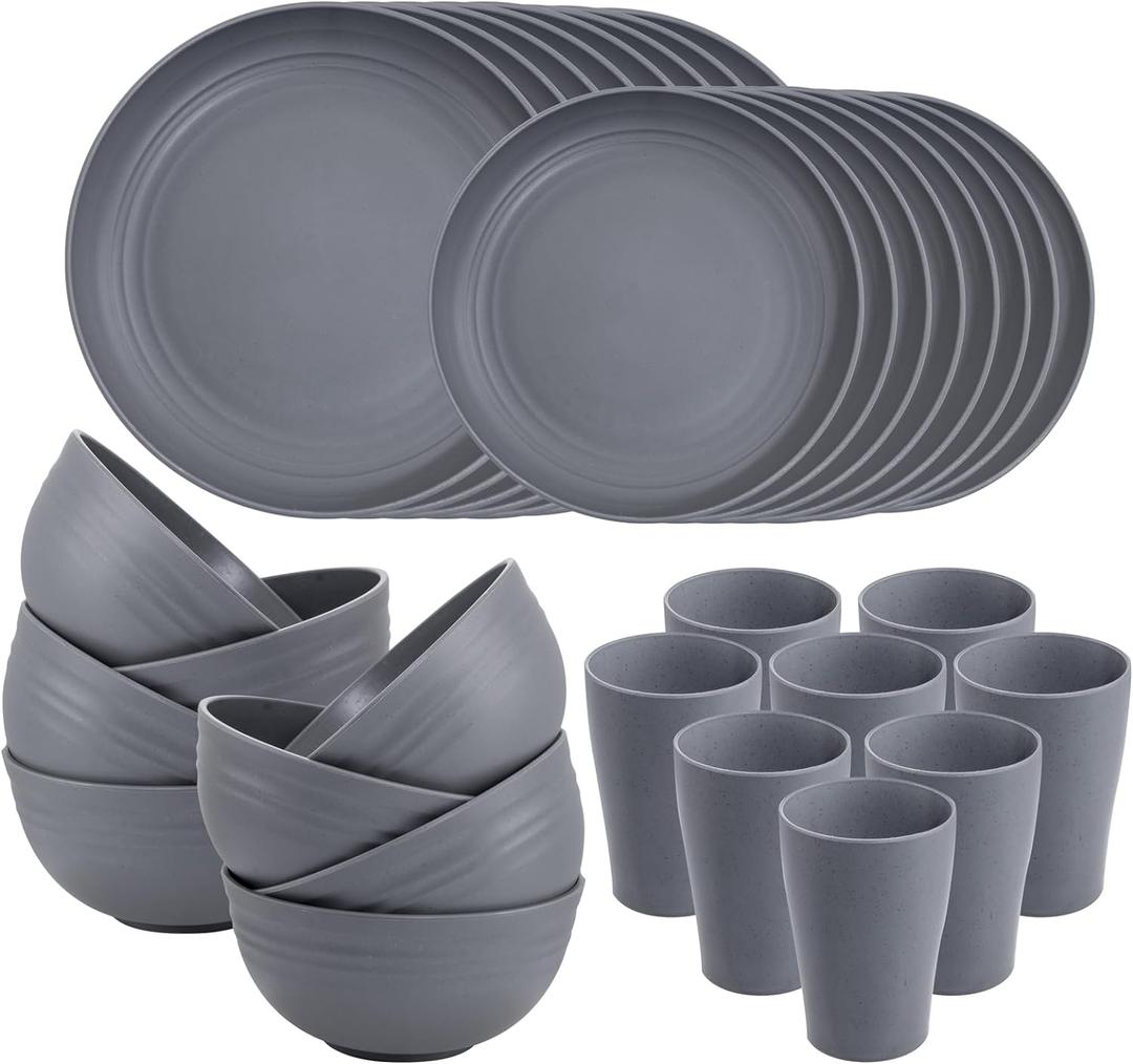 Supernal 32pcs Wheat Straw Dinnerware Sets, Unbreakable Dinnerware Sets for 8,Reusable Tableware, Dishes Set for 8,Plates and Bowls Set Dark Grey Include16pcs Plates, 8pcs Bowls, 8pcs Cups