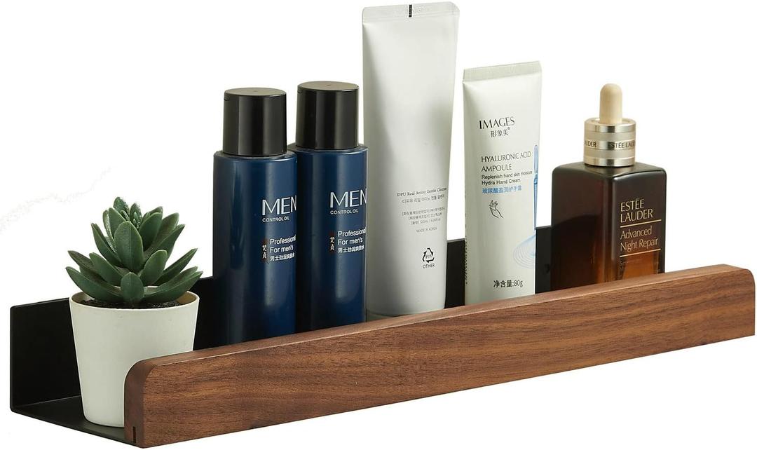 Small Bathroom Shelf Wall Mounted Organizer, Rustic Farmhouse Walnut Solid Wood Floating Corner Shelf with Border for Kitchen Bedroom Laundry Room