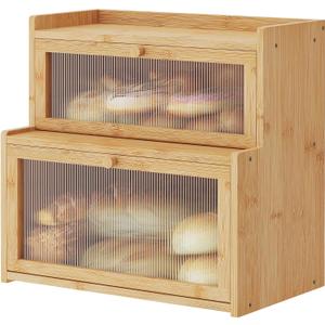 Double Layer Bamboo Bread Box for Kitchen Counter,Bread Holder,Countertop Bread Storage with Window (Natural)