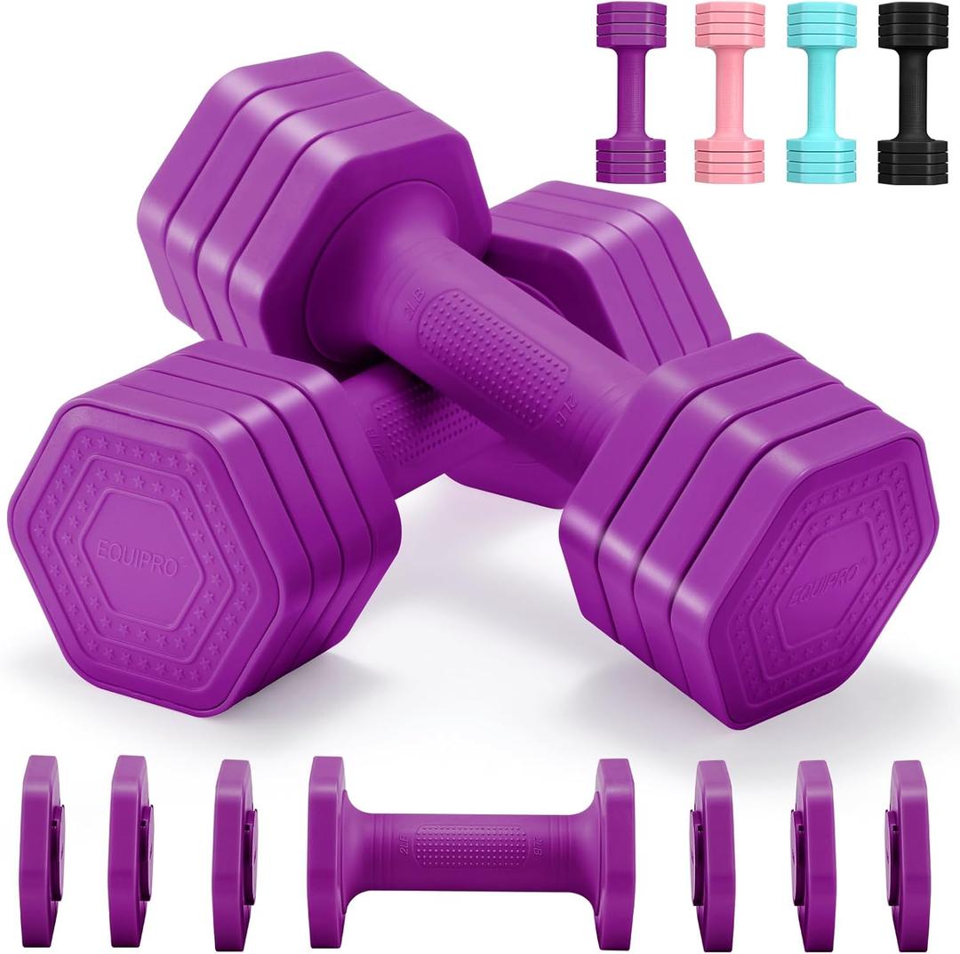EQUIPRO Adjustable Dumbbell Set, 4 in 1 Free Weights Dumbbells Set for Women, Weights for Women at Home, 2lb 3lb 4lb 5lb with TPU Soft Rubber Handle for Home Gym Exercise Training (Purple)