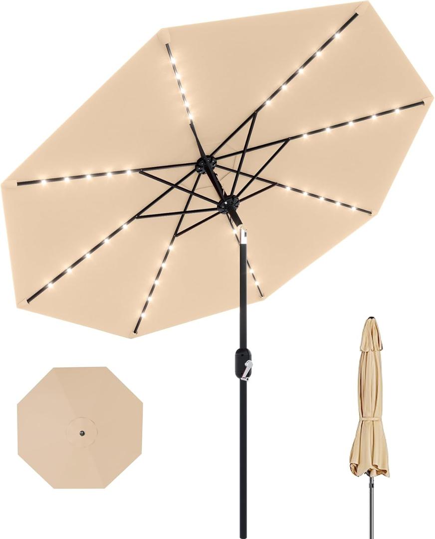 GarveeLife 9 ft Patio Umbrella with Solar Lights, 8 Ribs Outdoor Market Table Umbrella with 40 LED Lights & Tilt Crank for Pool, Deck, Backyard, Tan