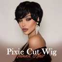 PEACOCO Short Pixie Cut Wig Human Hair for Black Women With Bangs Layered Wavy Wigs Glueless Human Hair Wear and Go Natural Black 1B