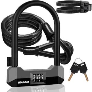 NDakter Bike Locks Heavy Duty Anti Theft18mm Bicycle Combo U Lock with 5FT Cable, 4-Digit Resettable Combination Electric Scooter Lock with 2Keys and Bracket for Tricycle, Moped, Motorcycle(Gray)