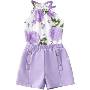YOURUIKEY Cute Clothes for Girls Summer Outfits 2 Piece Clothing Set Purple Rose Crop Top for Kids with Pockets Tween Shorts Set Size 9