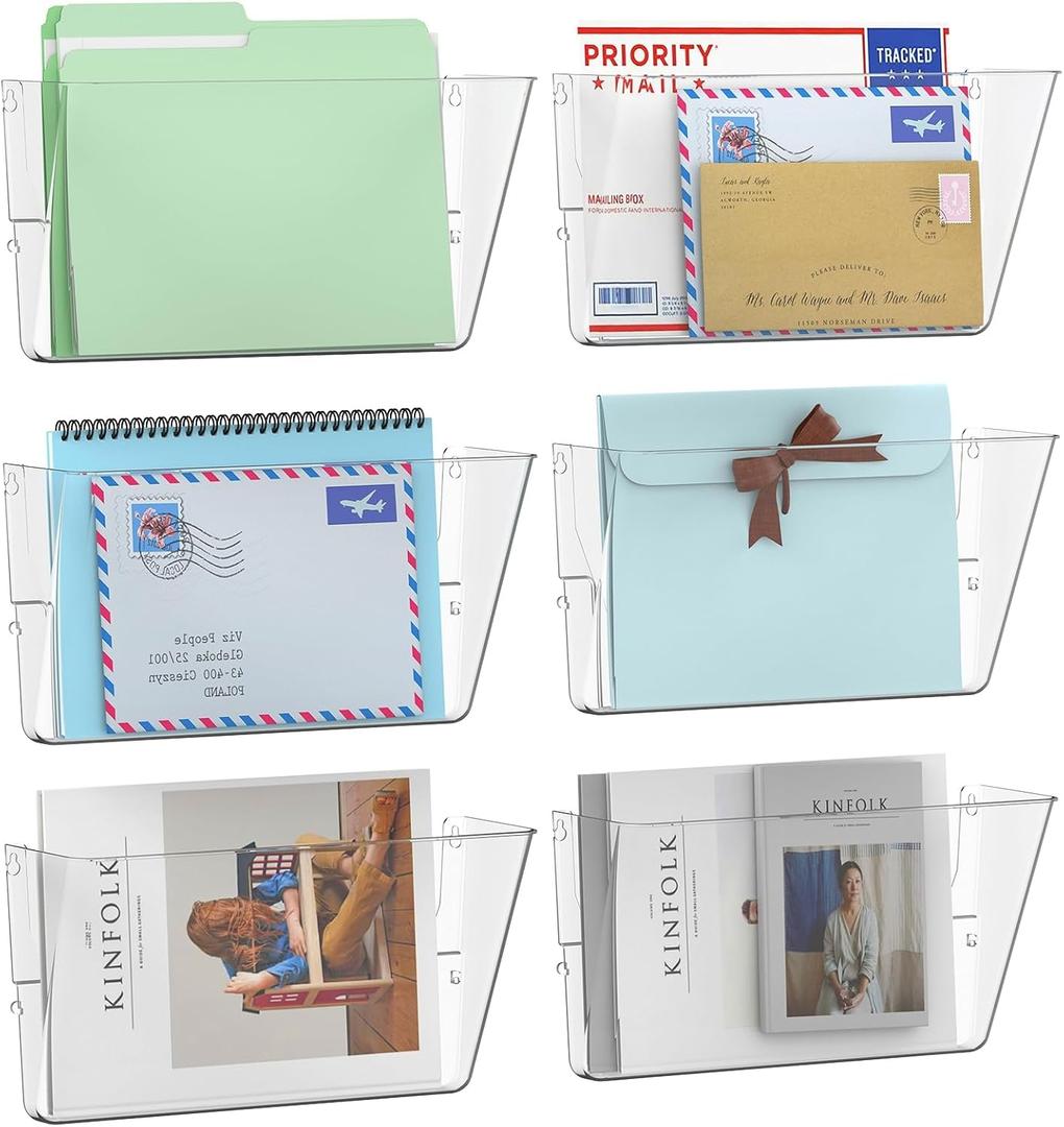Gawerk 6 Pack Clear Single Pocket Wall File Holder Hanging Wall Organizer, Wall Mount Mails Magazines Organizer for Office and Home