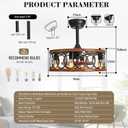 19" Industrial Caged Ceiling Fans with Light 4-Lights Farmhouse Flush Mount Fandelier Walnut Wood Metal Chandelier Fan Remote 6 Wind Speed Reversible for Bedroom Dining/Living Room Kitchen Entry