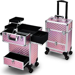 Rolling Makeup Case with Drawer Cosmetology Case on Wheels Makeup Trolley Sliding Drawer Makeup Travel Case for Esthetician, Mobile Stylist, Manicurist Barber Case Traveling Cart Trunk Glitter Pink (EXP 07/14/32)
