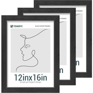 12x16 Picture Frames Set - 3 Pack - Black Solid Wood Poster Frame - Tempered Glass - Exclusive Woodgrain - Rooms, Offices, Gallery, Studio, and Hallway, Wall Display Decor