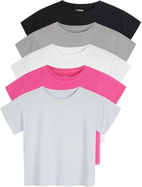 Real Essentials 5 Pack: Women's Dry Fit Crop Top - Short Sleeve Crew Neck Stretch Athletic Tee (2XL)