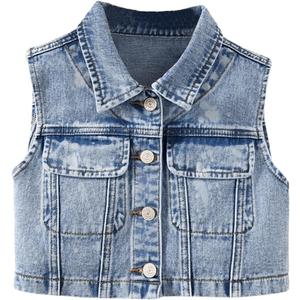 Girl's Denim Jacket Vest Collar Neck Button Front Sleeveless Jean Jacket Outerwear with Pockets Summer Jacket 10Y