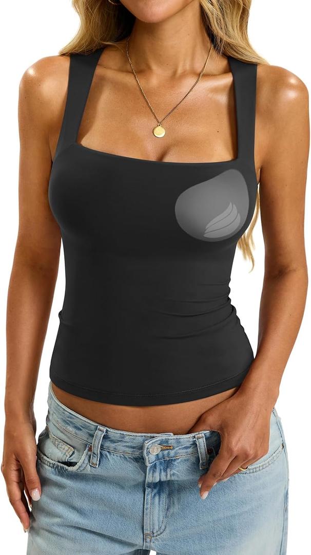 EasyGala Womens Padded Tank Tops Double Lined Built in Bra Sleeveless Top Square Neck Slim Fitted Summer T Shirts 2026 (Small, Black)