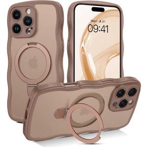 VENINGO for iPhone 16 Pro Case, Foldable Ring Holder Magnetic Slim Curly Wave Edge Translucent Matte Kickstand Shockproof Protective Phone Cover for iPhone 16 Pro 6.3", Desert Brown