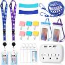 Tenceur 18 Pcs Cruise Essentials Power Strip 6 Hook 2 Card Lanyard 4 Luggage Tag 2 Phone Bag 1 Clothesline 2 Towel Band (Blue, Purple)