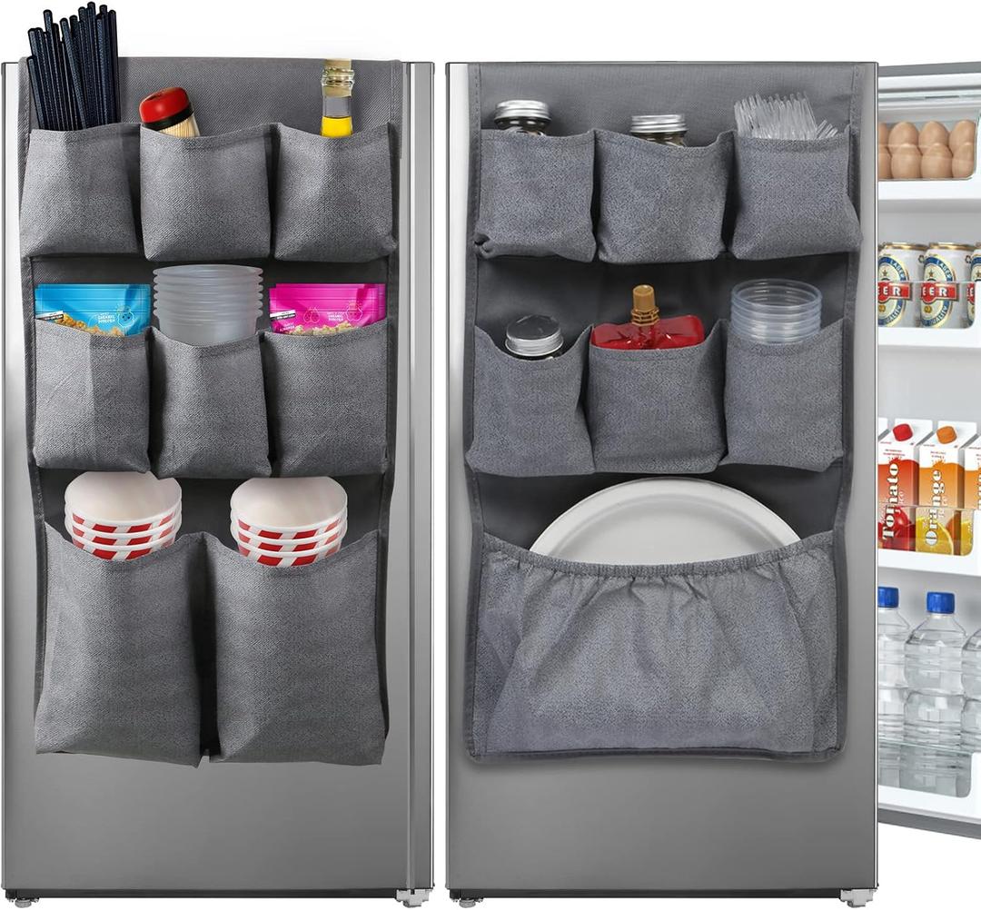 Mini Fridge Organizer Storage 65" x 12.6", Mini Fridge Caddy Hanging Organizer with 15 Extra Large Pockets for Dorm, Pantry, Plate, Silverware, Spice, Cutlery, Napkins, Other Daily Stuff