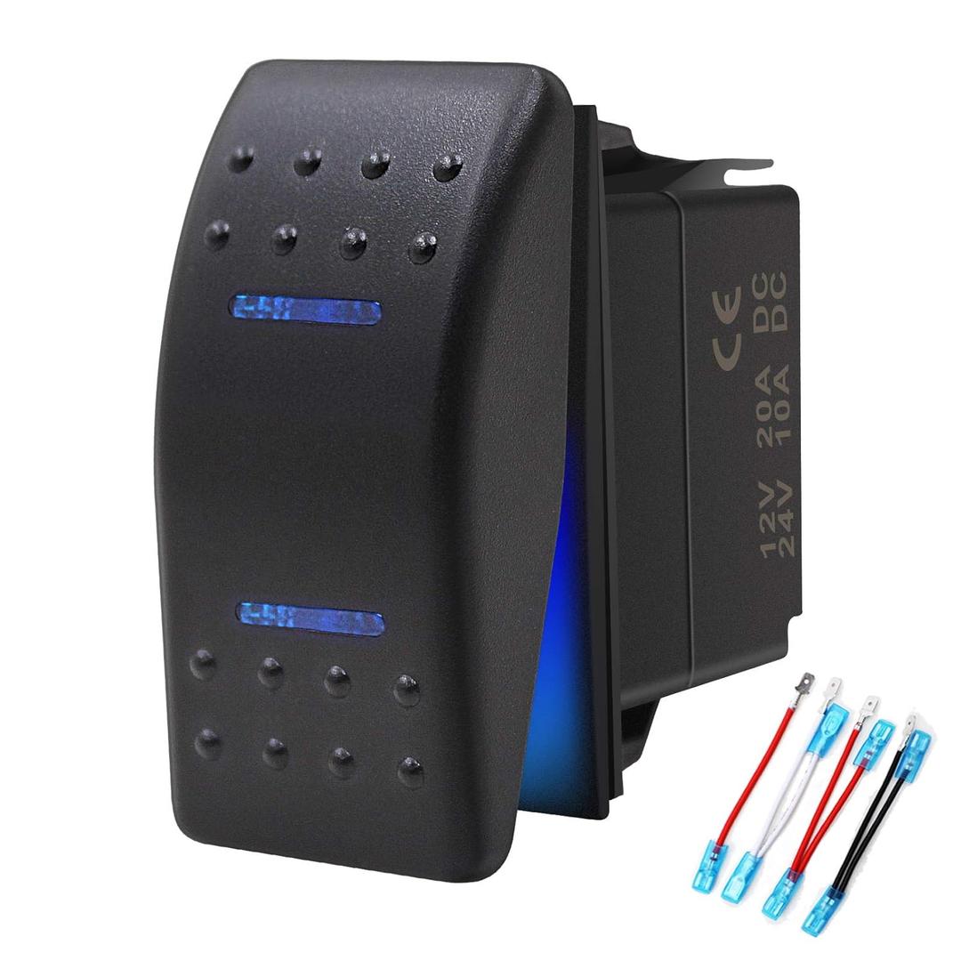 Waterproof Rocker Switch Toggle - ON/Off/ON Blue LED Light - 12V 20Amp 24V 10Amp, 7 Pin for Automotive Cars Vehicles Marine Boats Trucks Trailers 4x4 Caravans RVs SUV ATV UTV & More