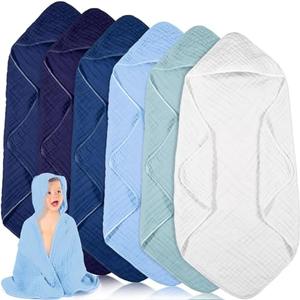 Peryiter 6 Pcs Muslin Hooded Baby Towels,32"x 32" Cotton Newborn Bath Towel Muslin Infant Baby Blankets Absorbent Unisex Newborn Registry Gift for Girls Boys (Blue)