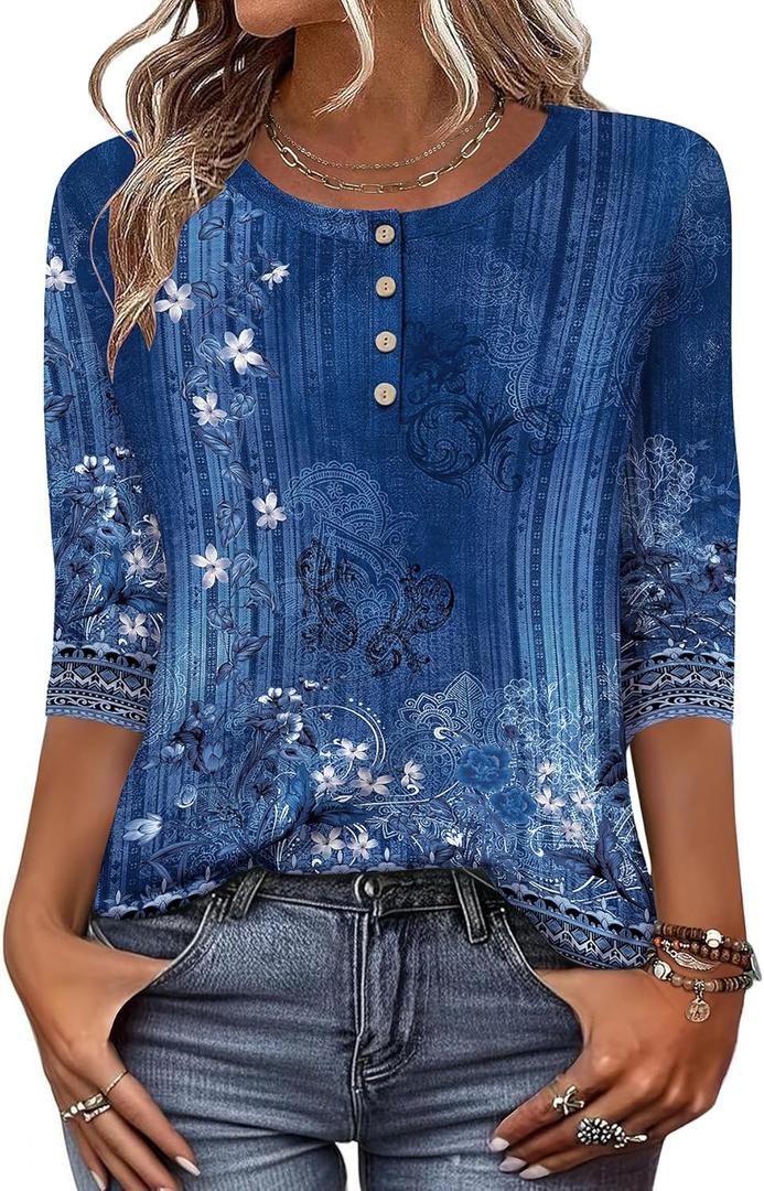 Zeagoo 3/4 Length Sleeve Women Tops Crew Neck Blouses Dressy Casual Summer T Shirts Loose Fit Business Work Clothes (Blue, M)
